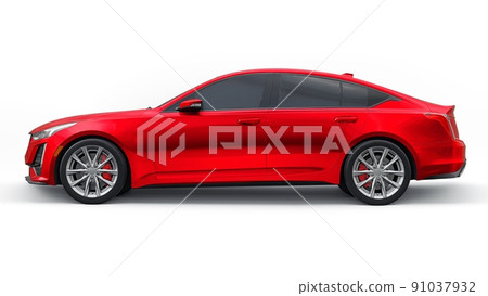 Red premium business sedan car in a sports configuration on a white background. 3d rendering. Red premium business sedan car in a sports configuration on a white background. 3d rendering. 91037932