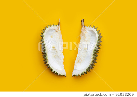 Durian peel on yellow background. Top view Durian peel on yellow background. Top view 91038209