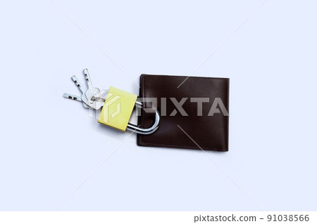 Wallet with padlock and keys on white background. Copy space Wallet with padlock and keys on white background. Copy space 91038566