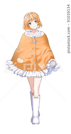 A girl in charge of Bob Orange wearing a poncho A girl in charge of Bob Orange wearing a poncho 91039134