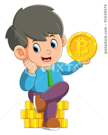 The happy boy is sitting while holding a big bitcoin The happy boy is sitting while holding a big bitcoin 91039474