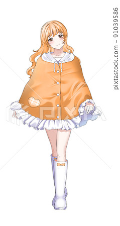 Girl in charge of curly-haired orange wearing a poncho Girl in charge of curly-haired orange wearing a poncho 91039586