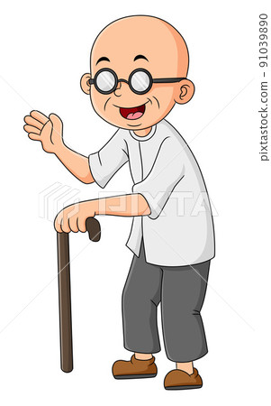 The bald grandfather is using a walking stick and hand waving The bald grandfather is using a walking stick and hand waving 91039890