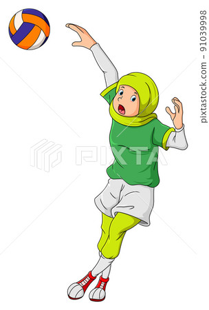 The hijab girl is playing volleyball and throw the ball The hijab girl is playing volleyball and throw the ball 91039998
