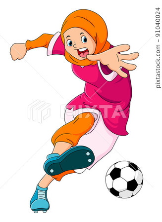The hijab girl is playing football and kicking the ball The hijab girl is playing football and kicking the ball 91040024