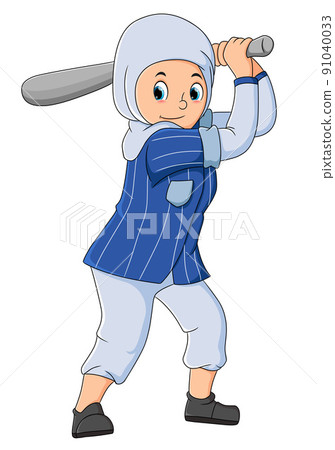 The hijab girl is playing baseball and going to hit the ball The hijab girl is playing baseball and going to hit the ball 91040033