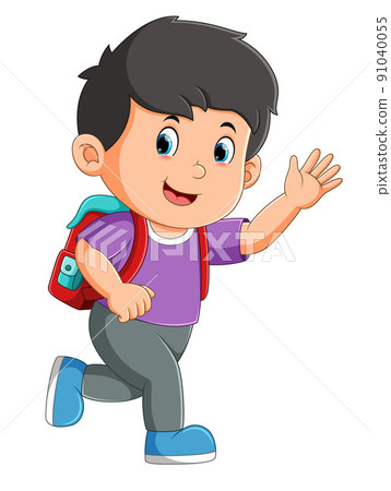 The boy is running and waving the bus in the street The boy is running and waving the bus in the street 91040055