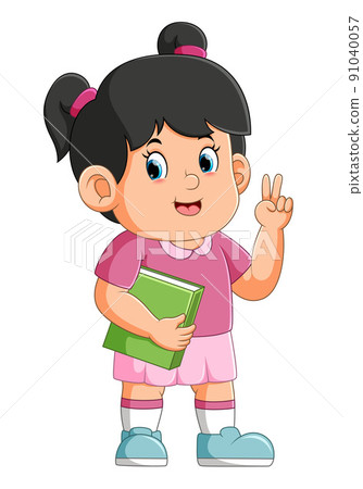 The little student girl is posing with giving a peace hand and holding the book The little student girl is posing with giving a peace hand and holding the book 91040057
