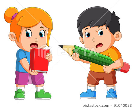 The boy and girl is holding the school stationary and fight with it The boy and girl is holding the school stationary and fight with it 91040058