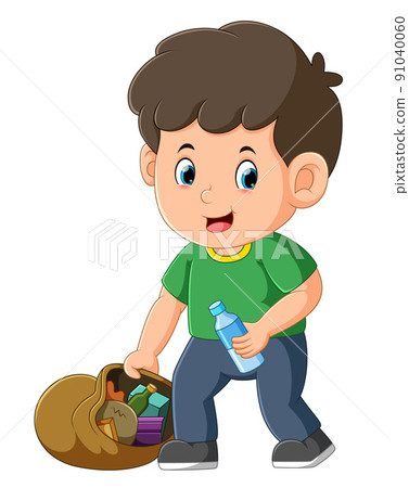 The boy is collecting the bottle and entering to the sack The boy is collecting the bottle and entering to the sack 91040060
