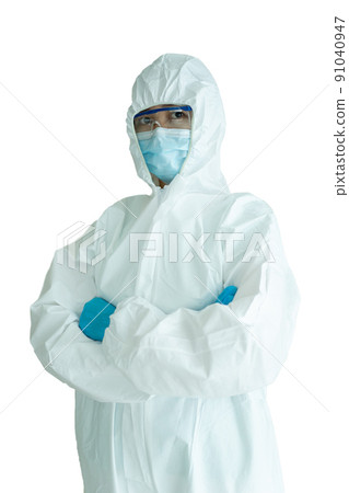 Unrecognizable specialist doctor dress up a medical PPE suit before working in hospital. Personal Protection Equipment or PPE suit use for coronavirus - COVID-19 pandemic disease. 91040947