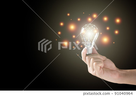 Unrecognizable man holding the illuminated vintage tungsten lightbulb on the black background with copyspace. Creativity and Idea concept. Lightbulb with network line. Unrecognizable man holding the illuminated vintage tungsten lightbulb on the black background with copyspace. Creativity and Idea concept. Lightbulb with network line. 91040964