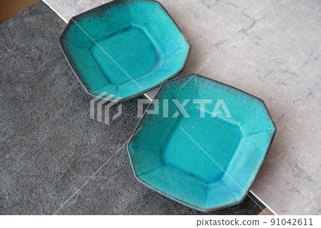 Two turquoise plates Mashiko ware writer's vessel 91042611