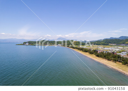 Drone photography of Matsubara swimming pool and rural scenery on the shores of Lake Biwa | Hikone City, Shiga Prefecture 91043158