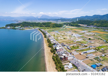 Drone photography of Matsubara swimming pool and rural scenery on the shores of Lake Biwa | Hikone City, Shiga Prefecture 91043162
