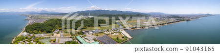 Panorama shot of Maibara City and Hikone City from the shore of Lake Biwa with a drone | Hikone City, Shiga Prefecture 91043165