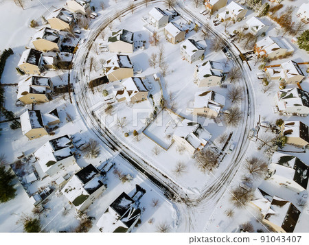 Amazing aerial view of small town the after snowfall winter 91043407