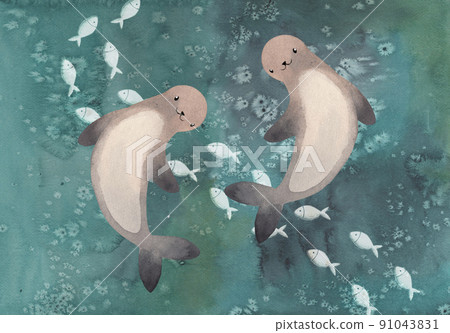 Frame template with watercolor seal in ocean 91043831