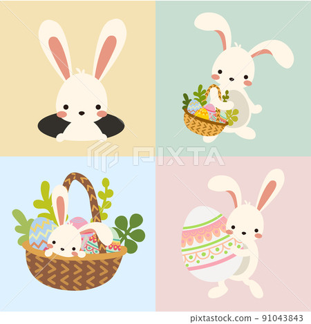 Set of vector easter bunny with eggs, flowers Set of vector easter bunny with eggs, flowers 91043843