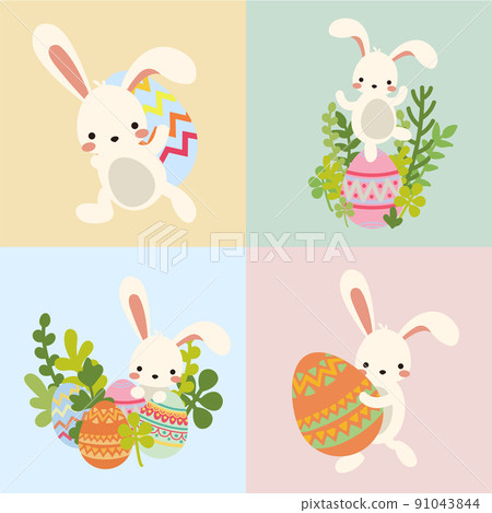 Set of vector easter bunny with eggs, flowers Set of vector easter bunny with eggs, flowers 91043844