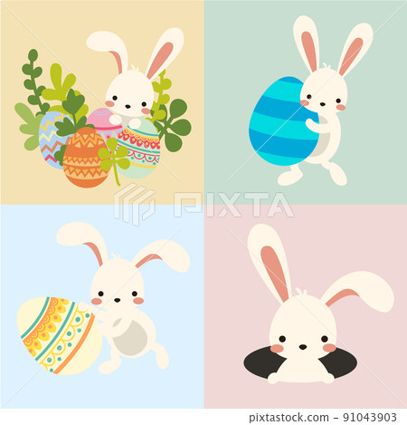 Set of vector easter bunny with eggs, flowers Set of vector easter bunny with eggs, flowers 91043903