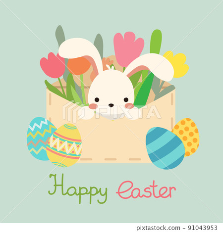 Cute vector easter bunny. Envelope with flowers 91043953
