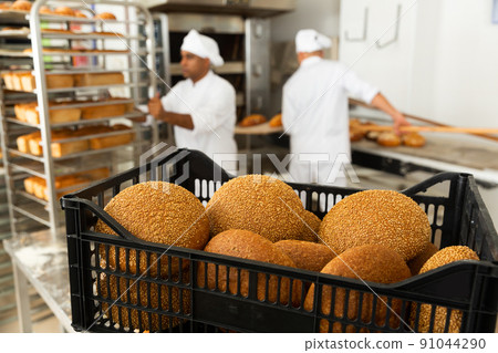 sesame bread in baking black tray in bakery sesame bread in baking black tray in bakery 91044290