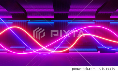 3d render of flash neon and light glowing on dark scene. Speed light moving lines. 91045319