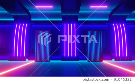 3d render of flash neon and light glowing on dark scene. Speed light moving lines. 3d render of flash neon and light glowing on dark scene. Speed light moving lines. 91045321