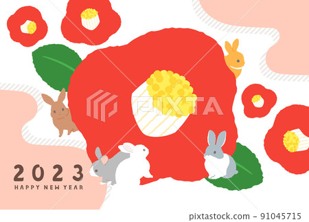 New Year's card 2023 design illustration camellia and rabbit year of the rabbit horizontal composition 91045715