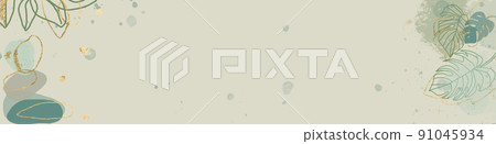 watercolor banner with green leaves of monstera and stones with golden lines. copy space 91045934