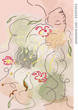 Portrait of beautiful young woman with long hair covered with flowers. line and watercolor Illustration. hair care and beauty. 91045935