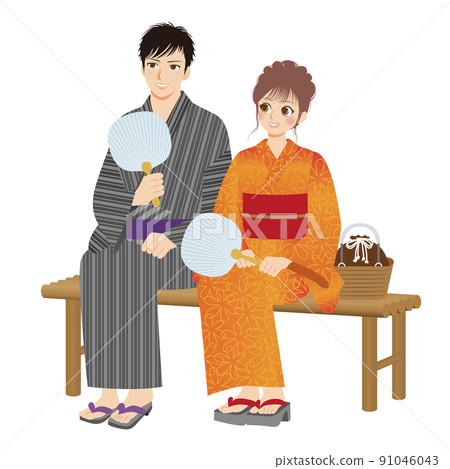 Illustration of working men and women, whole body, yukata, two people sitting on a pedestal 91046043