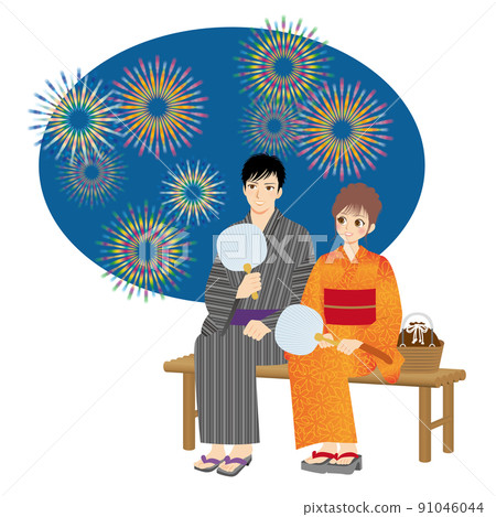 Illustration of working men and women, whole body, yukata, two people sitting on a pedestal 91046044