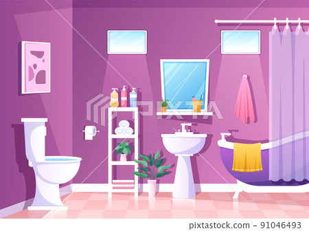 Modern Bathroom Furniture Interior Background Illustration with Bathtub, Faucet Toilet Sink to Shower and Clean up in Flat Color Style Modern Bathroom Furniture Interior Background Illustration with Bathtub, Faucet Toilet Sink to Shower and Clean up in Flat Color Style 91046493