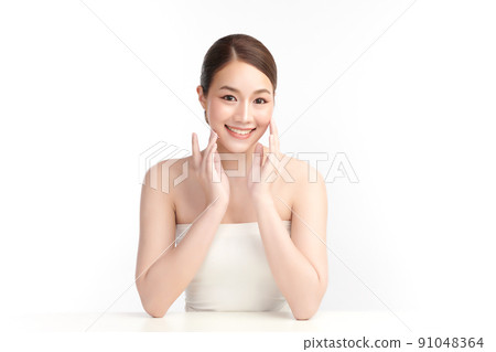 Beautiful young asian woman with clean fresh skin on white background, Face care, Facial treatment, Cosmetology, beauty and spa, Asian women portrait. 91048364