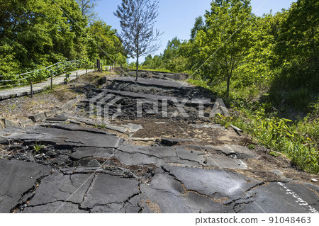 Aerial view of Toya Nishiyama foot crater (faulted road) Aerial view of Toya Nishiyama foot crater (faulted road) 91048463