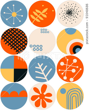 set of highlights covers in bright tones, mid century modern 50s design. blue orange and yellow shades. social media design. 91048686