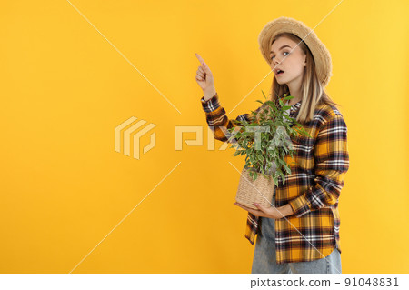 Young attractive girl gardener on yellow background 91048831