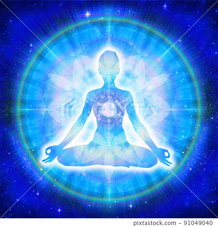Illustration of meditation against the backdrop of the beautiful blue universe and the Flower of Life 91049040