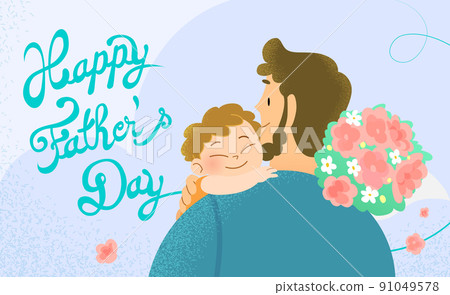 Happy father's day banner wallpaper with caucasian father embracing son 91049578