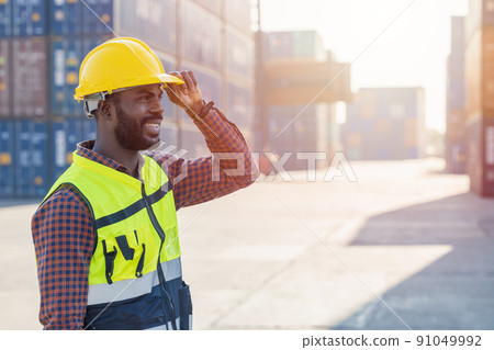 Happy  people worker work in cargo container logistic shipping port yard 91049992