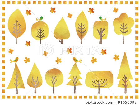 水彩風格秋葉樹和鳥集 水彩風格秋葉樹和鳥集 91050095