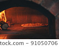 Italian pizza is cooked in a wood fired oven in stove 91050706
