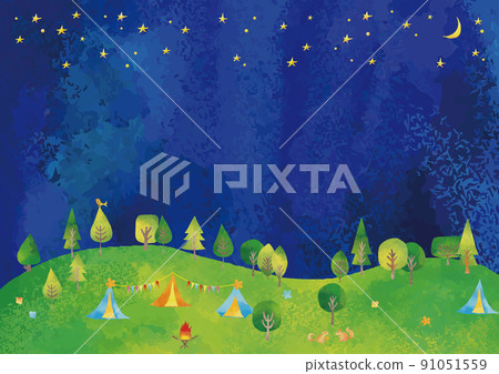 水彩風格夜空和野營風景框架 水彩風格夜空和野營風景框架 91051559