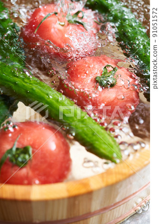 Wash the cucumbers and tomatoes in a tub Wash the cucumbers and tomatoes in a tub 91051572