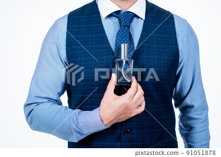 cropped man hold male perfume bottle, fragrance 91051878