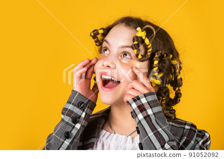 Happy child with eye patches. Hairdresser salon. Girl Happy child with eye patches. Hairdresser salon. Girl 91052092