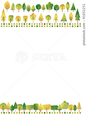 水彩風格的綠秋樹和方形框架 91052251