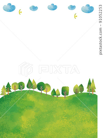 水彩風格青山、雲、鳥框垂直 91052253